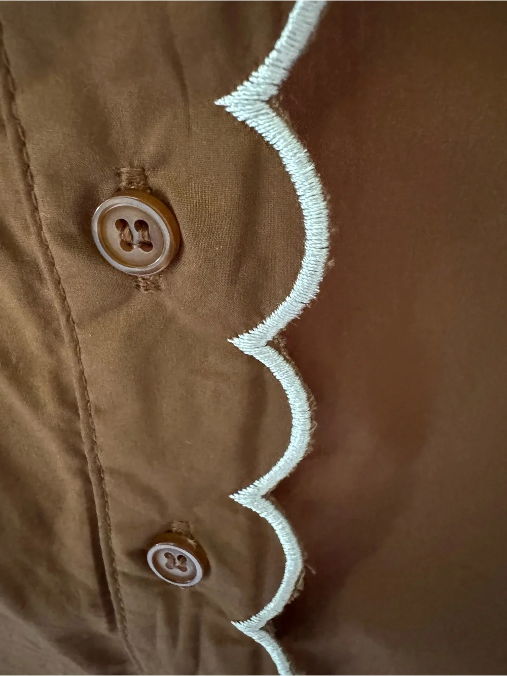 The Shirt by Rochelle Behrens Brown Button-Down Top with White Scallop Trim